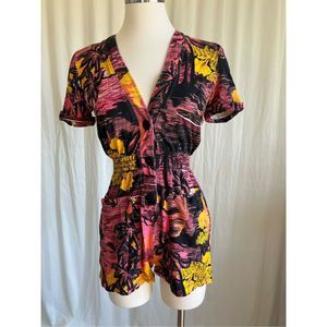 Zara Women's Red & Black Tropical Print Button-Front Short-Sleeve Romper Size S